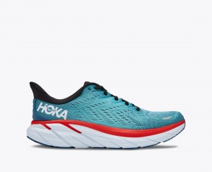 Men's HOKA Clifton 8 Running Shoes Turquoise / Red | HWZFQ-6231