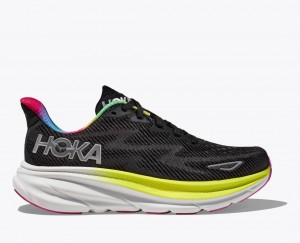 Men's HOKA Clifton 9 Running Shoes Black / Light Green | HBFLD-5237