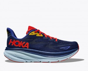 Men's HOKA Clifton 9 Running Shoes Navy / Dark Coral | EXTJU-1283