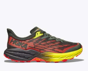 Men's HOKA Speedgoat 5 Trail Running Shoes Black / Red / Yellow | XKUVR-1697