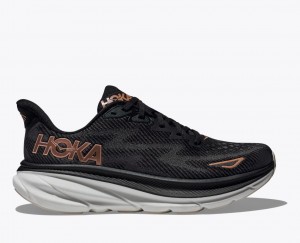 Women's HOKA Clifton 9 Running Shoes Black / Rose Gold | XDYZN-5076