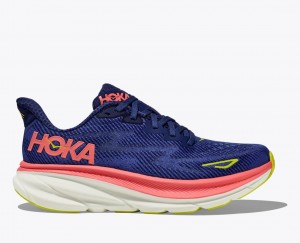 Women's HOKA Clifton 9 Running Shoes Navy / Coral | AEZIX-2816