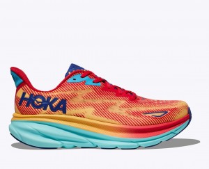 Women's HOKA Clifton 9 Running Shoes Orange / Red / Blue | ZOQSK-6841