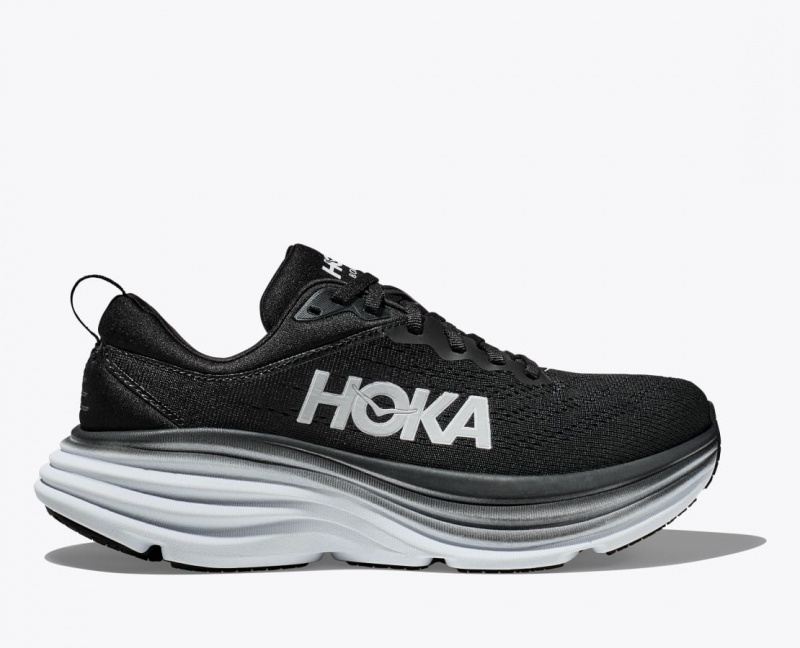 Men\'s HOKA Bondi 8 Running Shoes Black / White | PWRAU-6714