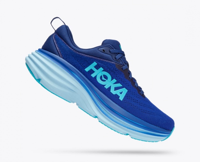 Men's HOKA Bondi 8 Running Shoes Dark Blue / Light Blue | HUORL-9025