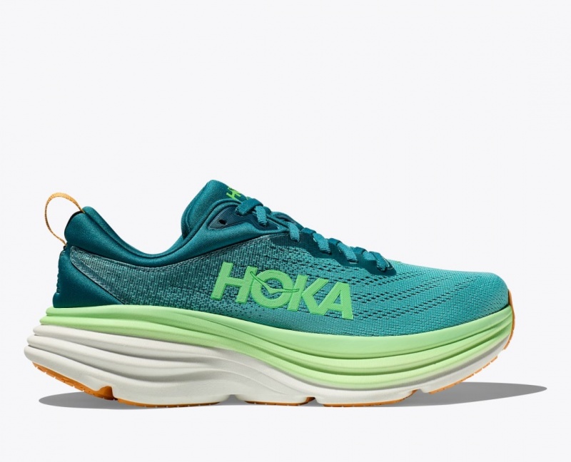 Men\'s HOKA Bondi 8 Running Shoes Dark Green / Light Green | TVRSX-2031