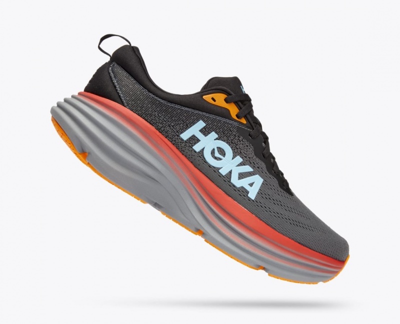 Men's HOKA Bondi 8 Running Shoes Dark Grey / Red / Black | SYUPE-4523