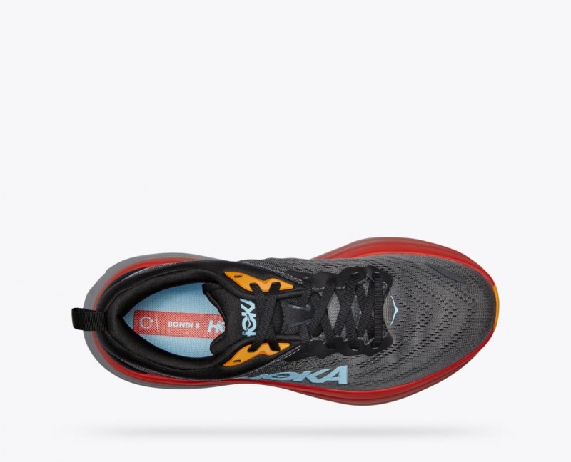 Men's HOKA Bondi 8 Running Shoes Dark Grey / Red / Black | SYUPE-4523