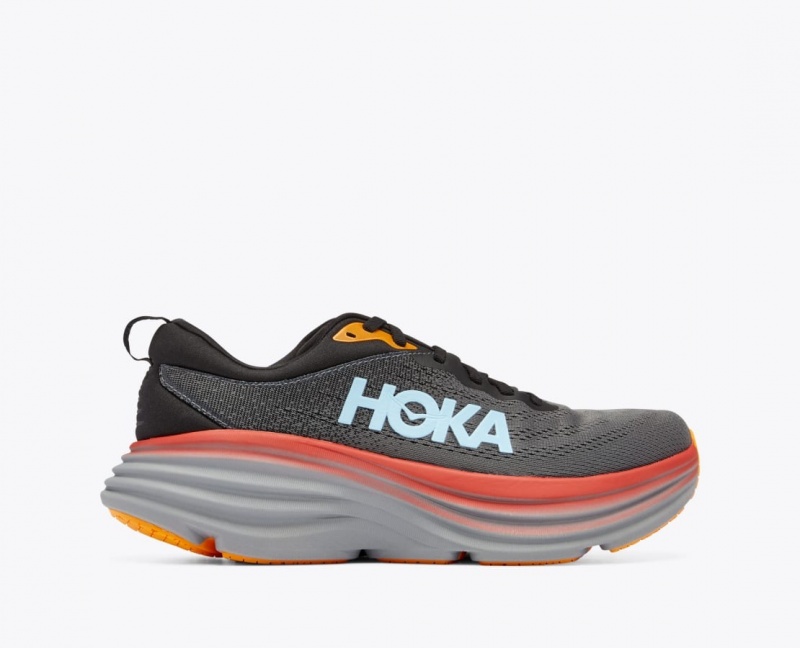 Men\'s HOKA Bondi 8 Running Shoes Dark Grey / Red / Black | SYUPE-4523