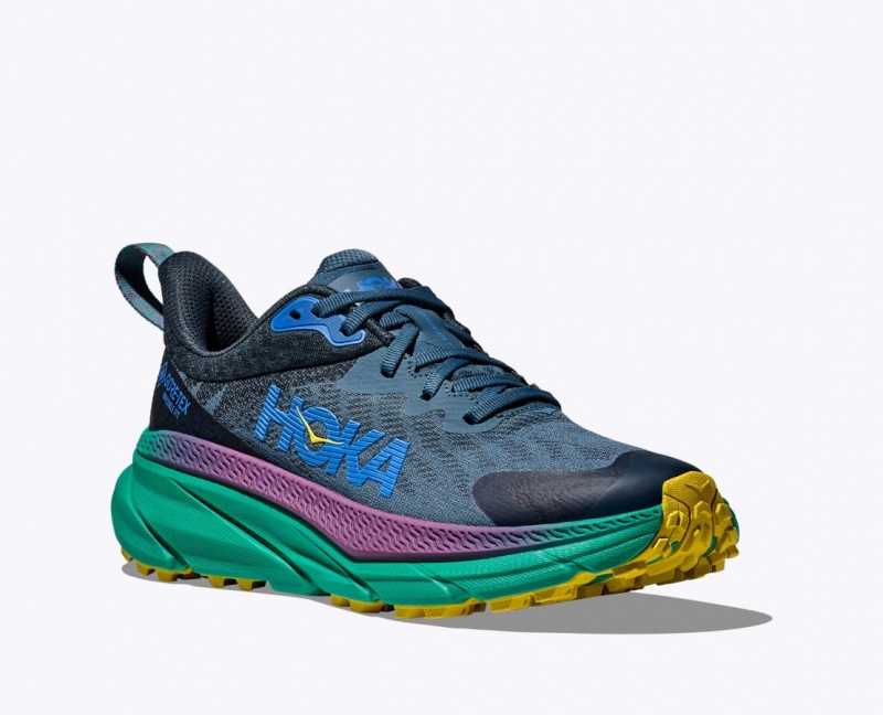 Men's HOKA Challenger 7 GTX Trail Running Shoes Blue / Black / Green | YROIS-1582