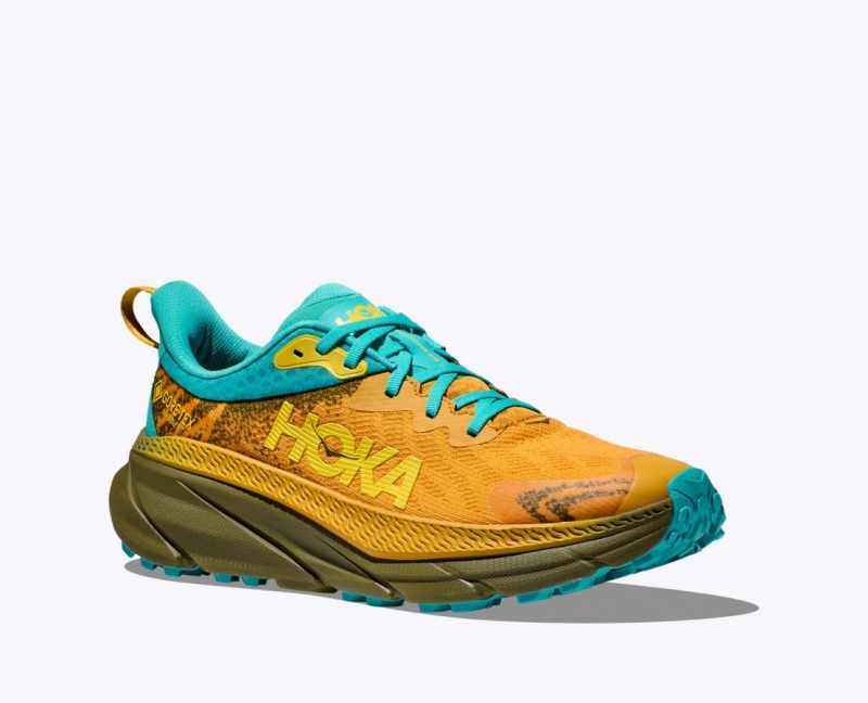 Men's HOKA Challenger 7 GTX Trail Running Shoes Orange / Olive / Turquoise | BKHFM-4062