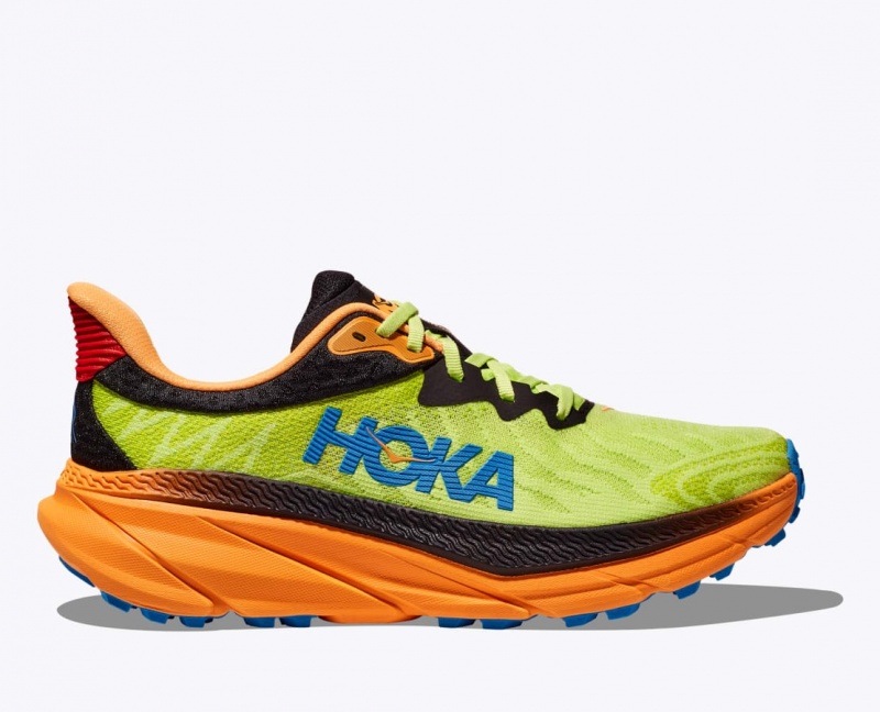 Men\'s HOKA Challenger 7 Trail Running Shoes Green / Black / Orange | DKIQF-4189