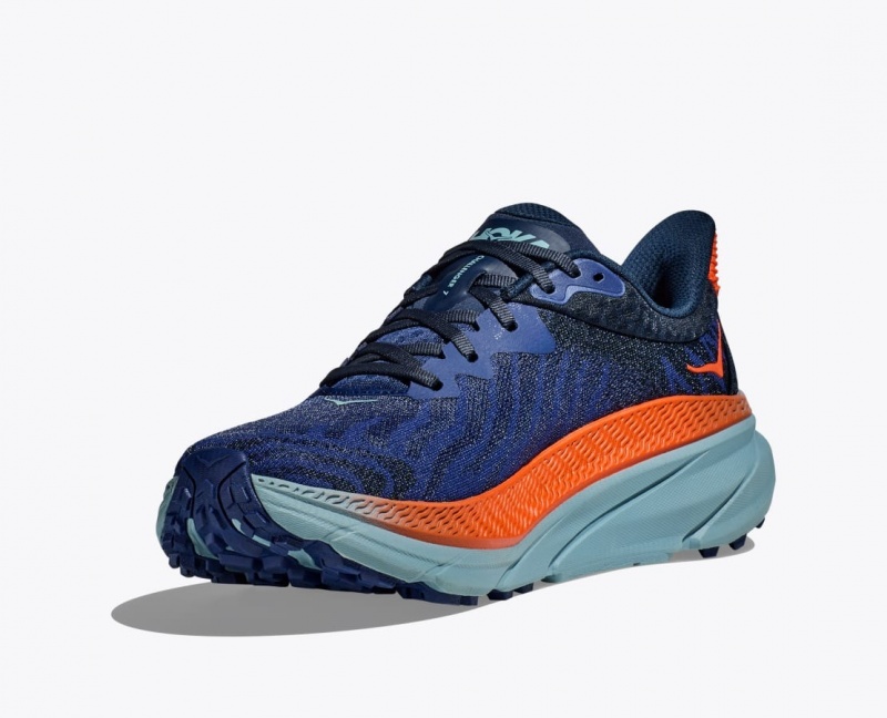 Men's HOKA Challenger 7 Trail Running Shoes Dark Blue / Orange | JQRXP-7508