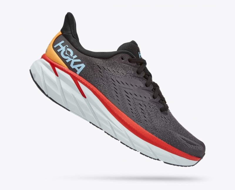 Men's HOKA Clifton 8 Running Shoes Dark Grey / Red | OUEFI-3802