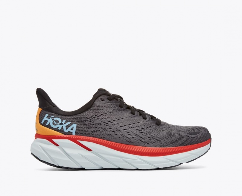 Men\'s HOKA Clifton 8 Running Shoes Dark Grey / Red | OUEFI-3802