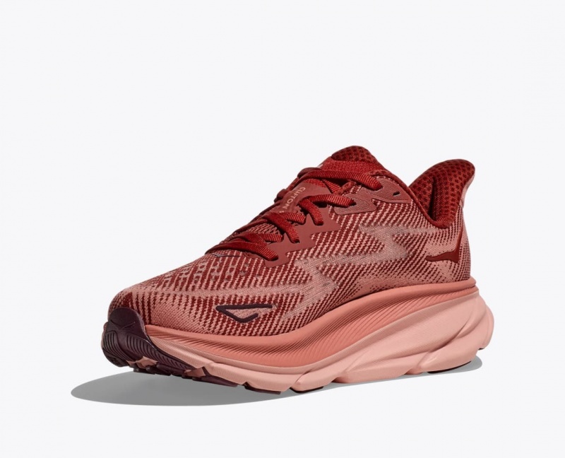 Men's HOKA Clifton 9 Running Shoes Dark Red / Coral | NRJXF-0621