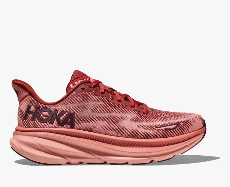 Men\'s HOKA Clifton 9 Running Shoes Dark Red / Coral | NRJXF-0621