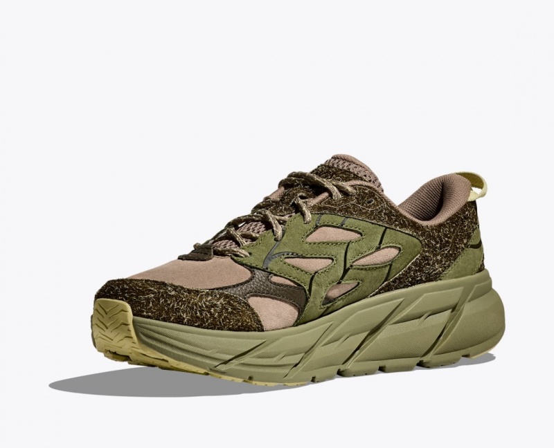 Men's HOKA Elite Terrain System Clifton L Suede Sneakers Green / Beige | YEGMT-1978