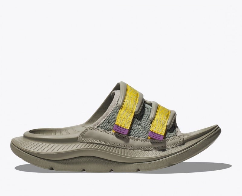 Men\'s HOKA Ora Luxe Slide Khaki / Yellow | IJVRB-4826