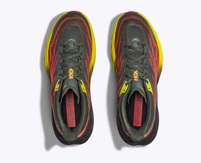 Men's HOKA Speedgoat 5 Trail Running Shoes Black / Red / Yellow | XKUVR-1697