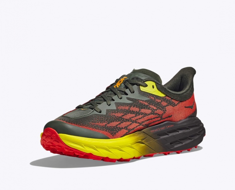 Men's HOKA Speedgoat 5 Trail Running Shoes Black / Red / Yellow | XKUVR-1697