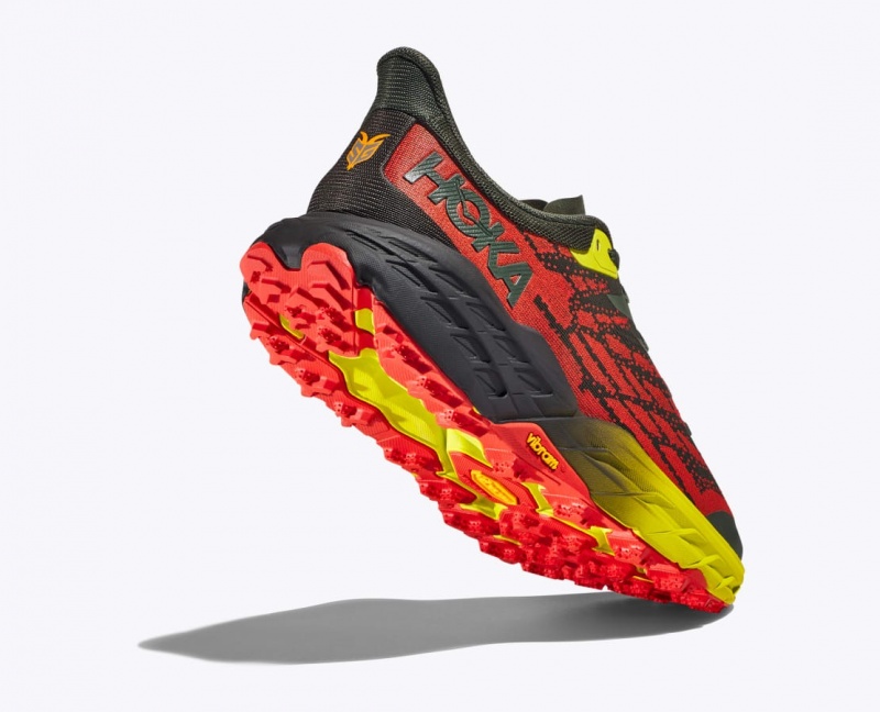 Men's HOKA Speedgoat 5 Trail Running Shoes Black / Red / Yellow | XKUVR-1697