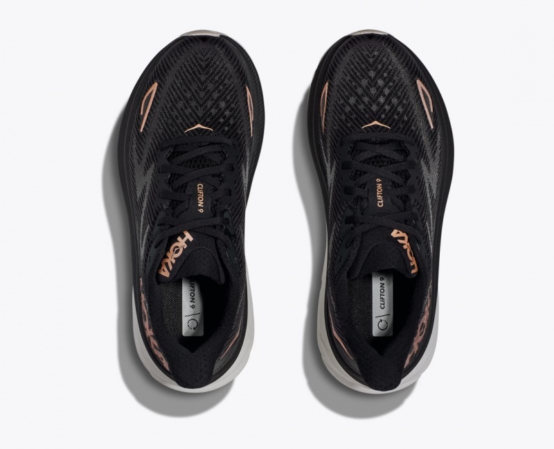 Women's HOKA Clifton 9 Running Shoes Black / Rose Gold | XDYZN-5076