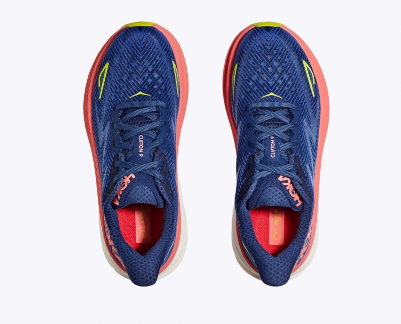 Women's HOKA Clifton 9 Running Shoes Navy / Coral | AEZIX-2816