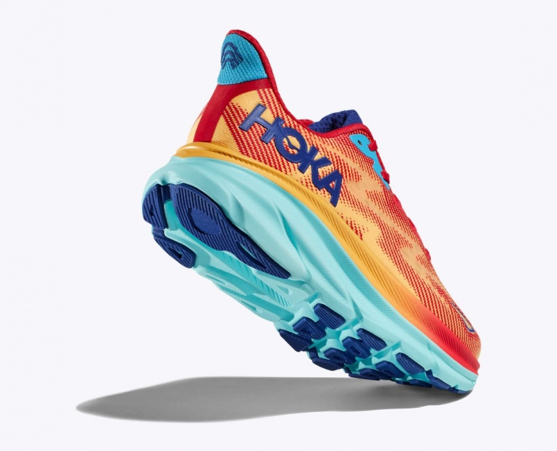 Women's HOKA Clifton 9 Running Shoes Orange / Red / Blue | ZOQSK-6841