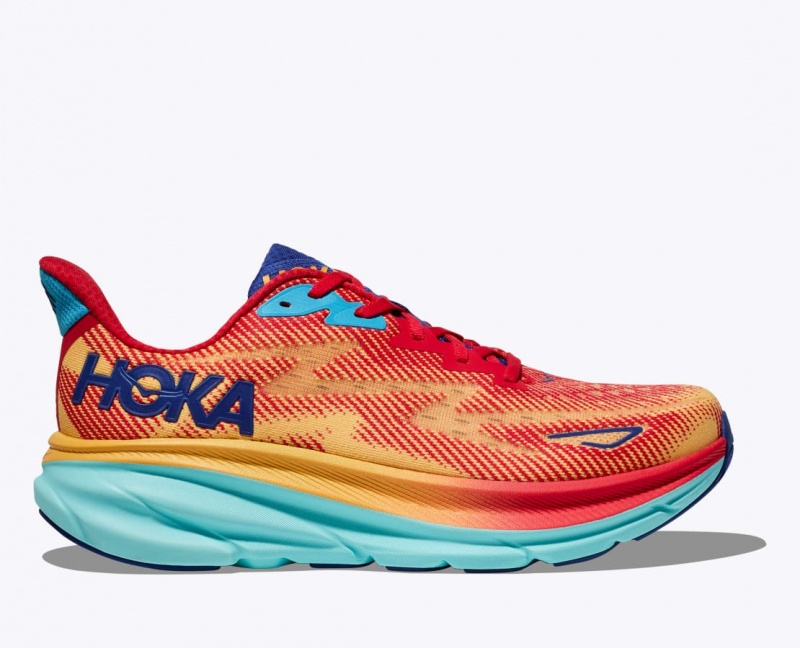 Women\'s HOKA Clifton 9 Running Shoes Orange / Red / Blue | ZOQSK-6841