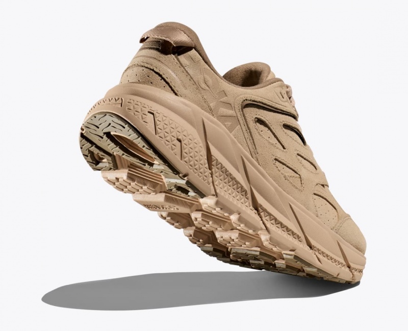 Women's HOKA Clifton L Suede Walking Shoes Beige | DPHZX-7351