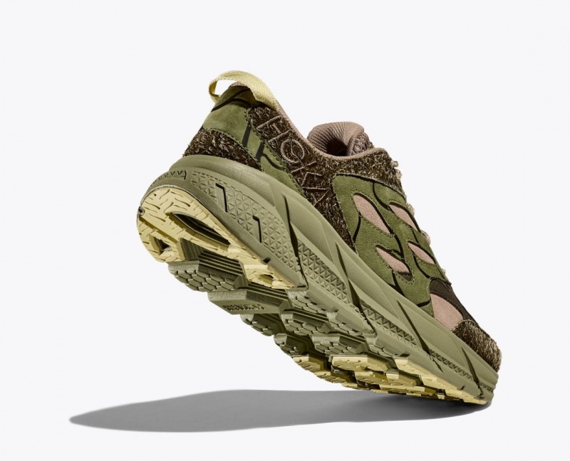 Women's HOKA Elite Terrain System Clifton L Suede Sneakers Green / Dark Brown | MYFGN-4785